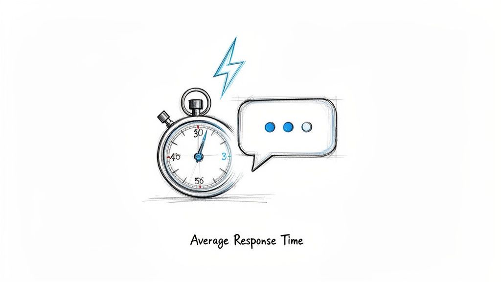 A hand-drawn illustration depicting a stopwatch, lightning bolt, and chat bubble, symbolizing average response time.