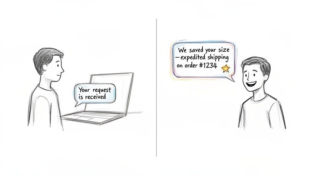 A man reacts to a generic 'request received' message versus a personalized, helpful service update.