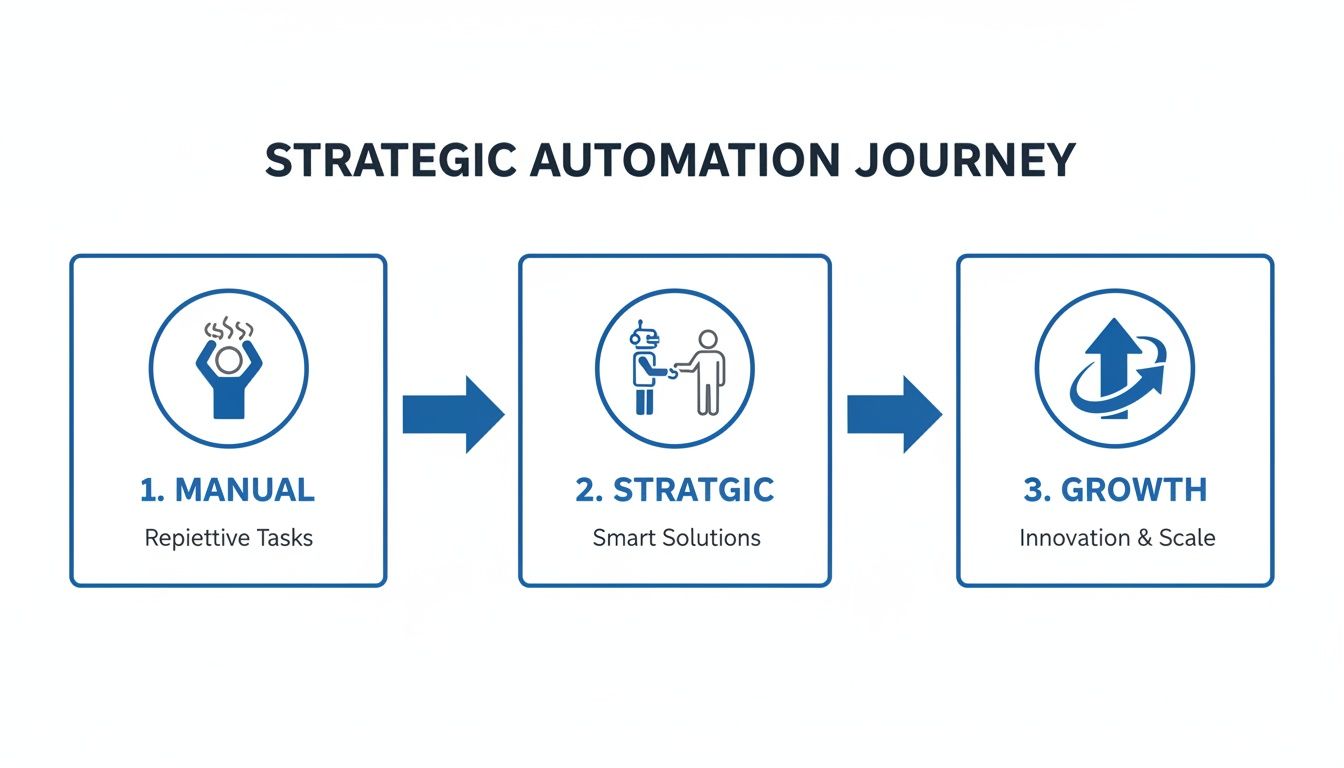 A strategic automation journey with three stages: manual repetitive tasks, strategic smart solutions, and growth through innovation.