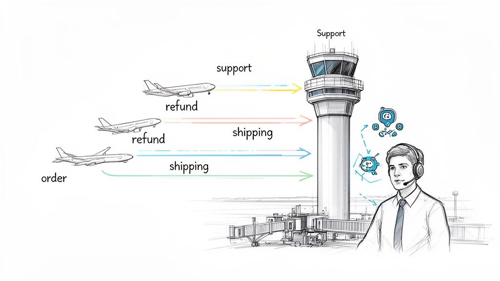 An illustration of a help desk agent using automation to manage diverse customer requests like support, refund, and shipping.