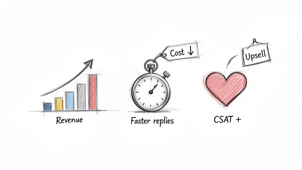 Hand-drawn sketch illustrating business benefits: a bar chart showing revenue growth, a stopwatch for faster replies reducing cost, and a heart for improved CSAT leading to upsell.