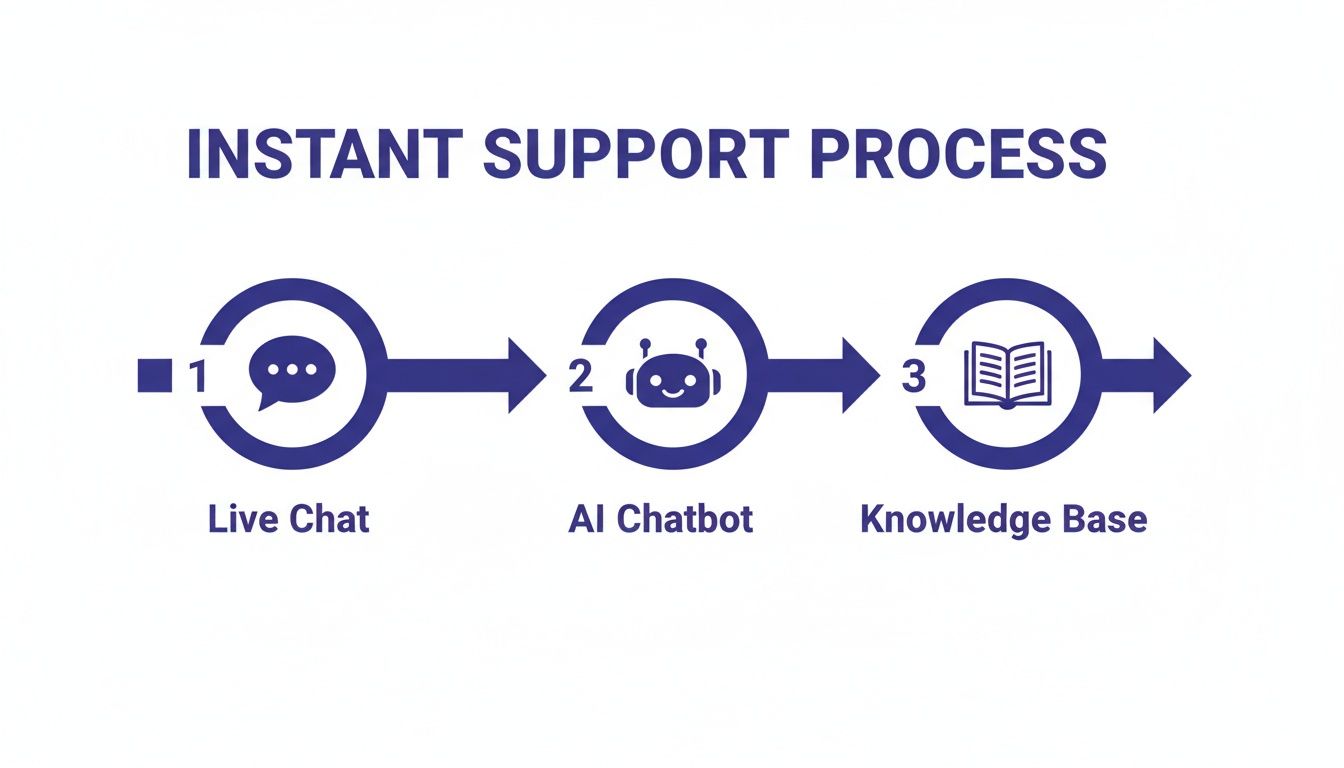 Flowchart illustrating an instant customer support process with three steps: live chat, AI chatbot, and knowledge base.