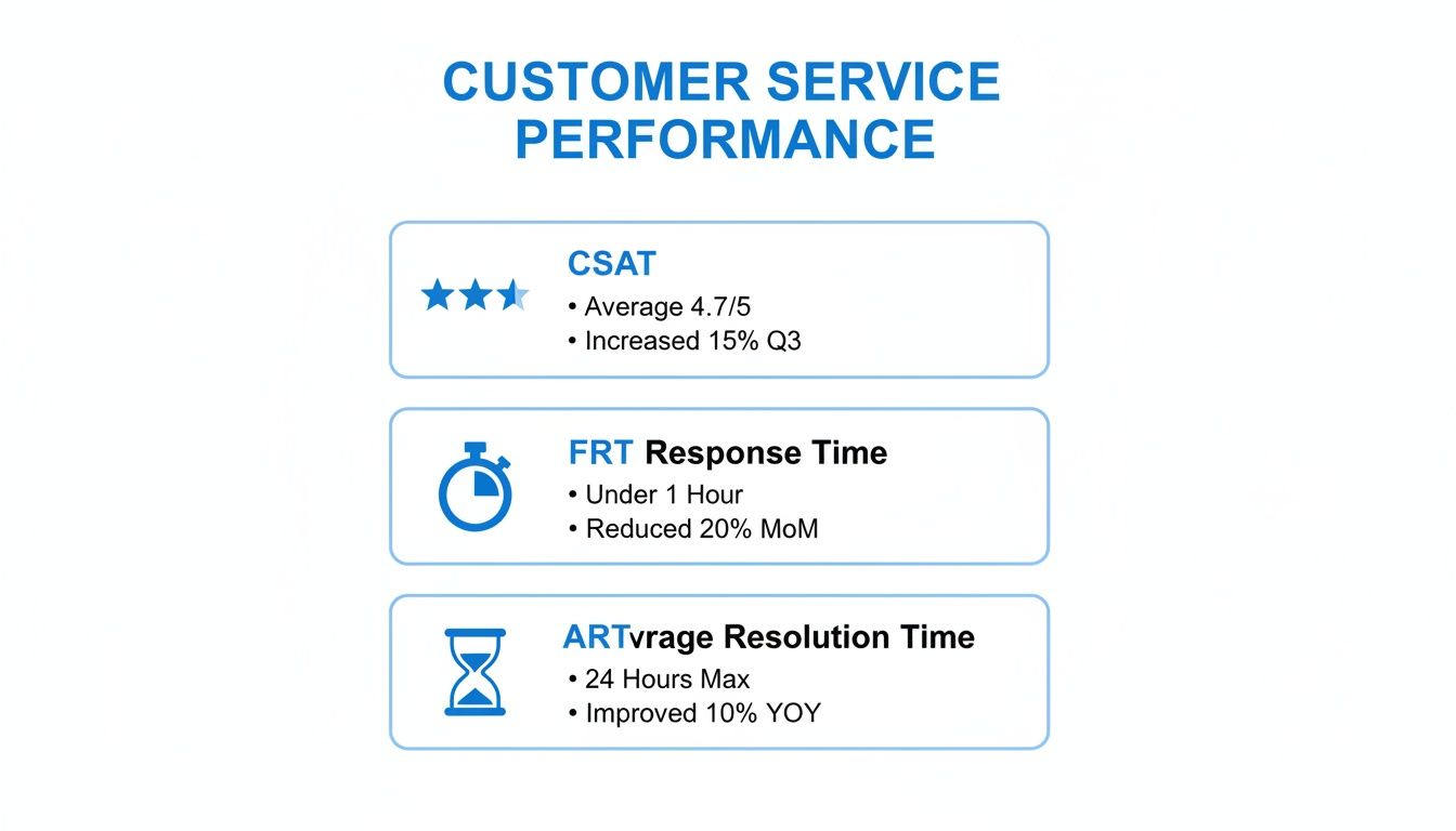 Customer service performance dashboard showing key metrics like CSAT, First Response Time, and Average Resolution Time with their current values and trends.