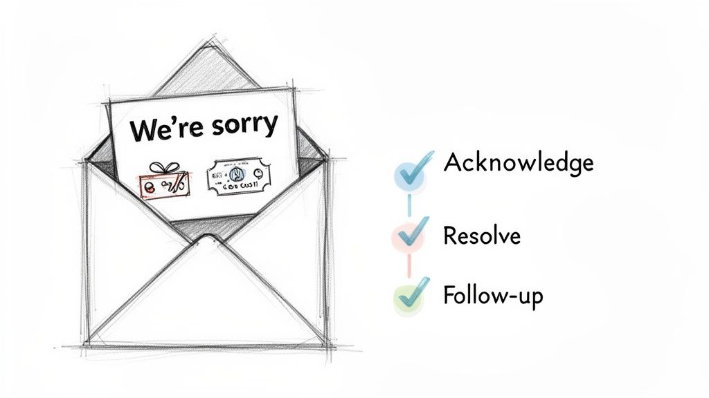 An illustration of an apology letter offering a discount, and a checklist for customer service actions.