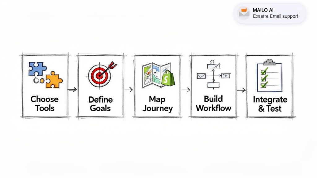 Visual guide detailing the five essential steps for successful e-commerce marketing automation implementation.