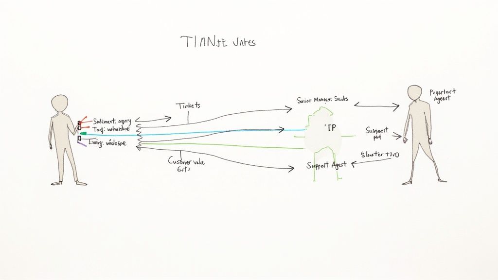 Diagram illustrating the workflow of automated customer service, showing data input, processing by an intelligent platform, and agent interaction.