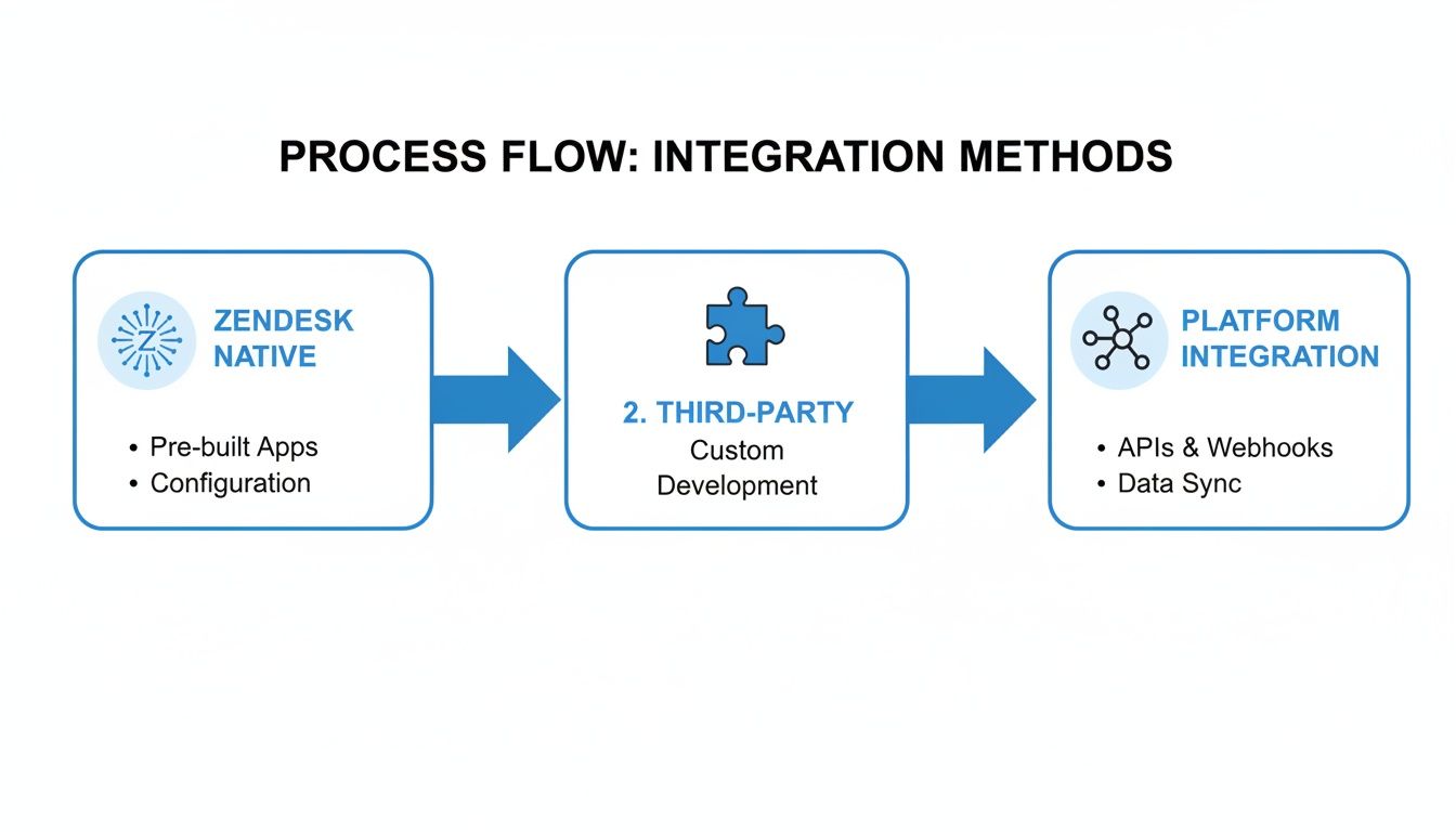 Process flow diagram showing Zendesk native, third-party, and platform integration methods with their characteristics.