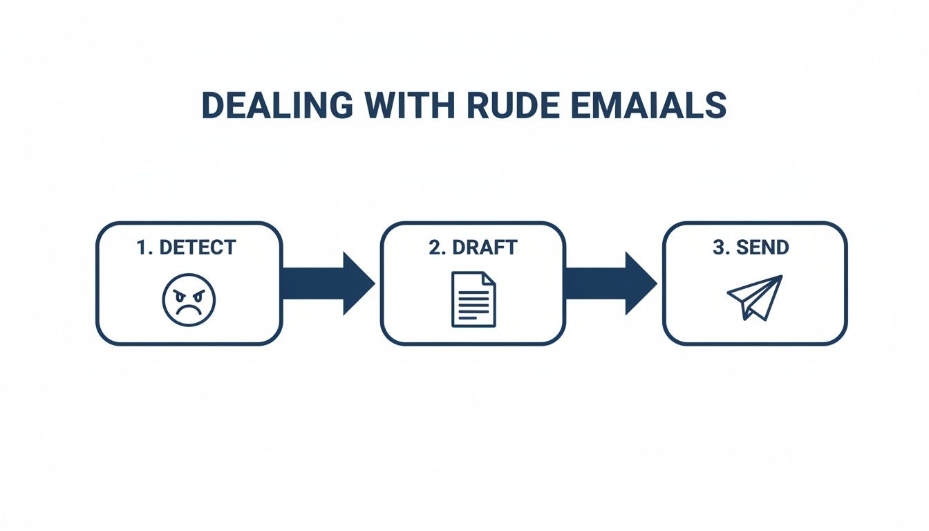 Flowchart illustrating three steps to handle rude emails: detect, draft, and send.