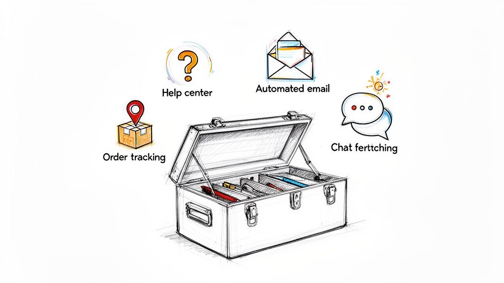 A sketch of an open toolbox surrounded by icons representing help center, automated email, order tracking, and chat support.