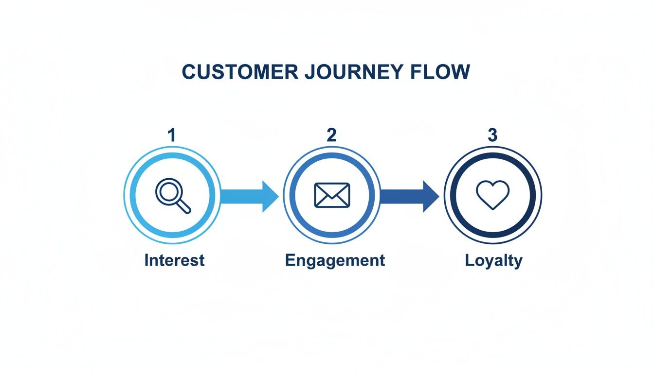 Customer journey flow diagram illustrating three key stages: Interest, Engagement, and Loyalty with icons.