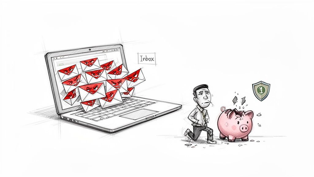Angry emails flood a laptop; a worried man flees a broken piggy bank with a security shield.