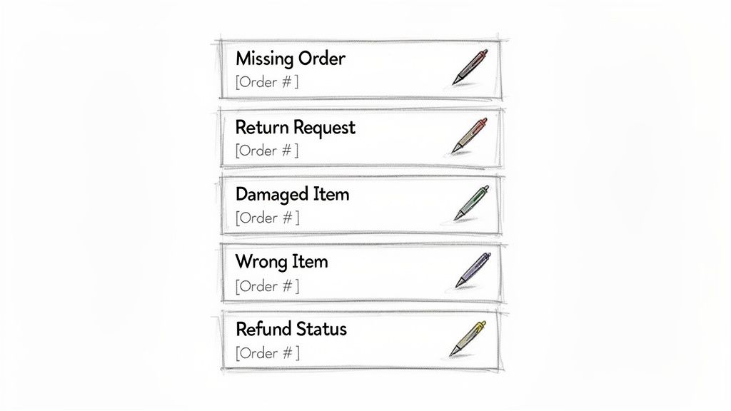 Sketched list of customer service email topics: Missing Order, Return, Damaged, Wrong Item, Refund Status, with order numbers and pens.