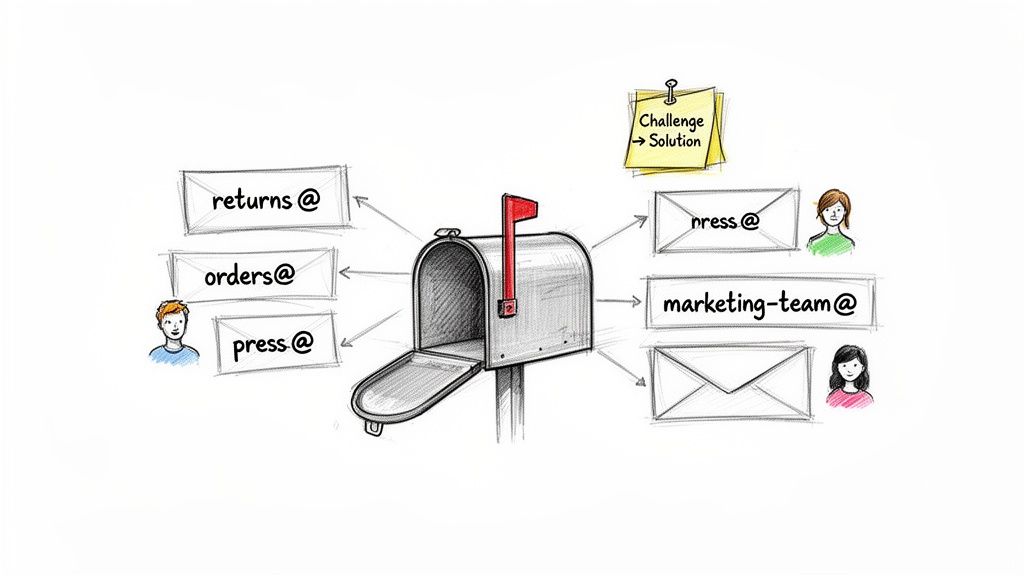 Mailbox serving as a central email distribution hub, managing addresses like returns, orders, press, and marketing-team.
