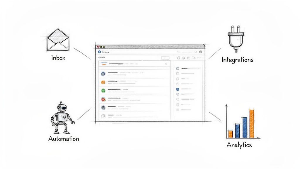 Sketch drawing of a software interface connected to inbox, integrations, automation, and analytics.