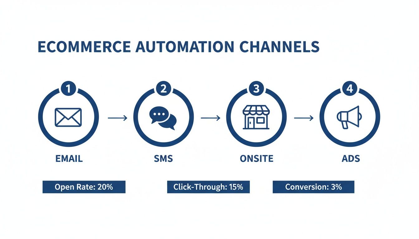 Ecommerce automation channels flowchart showing email, SMS, onsite, ads, and performance metrics.