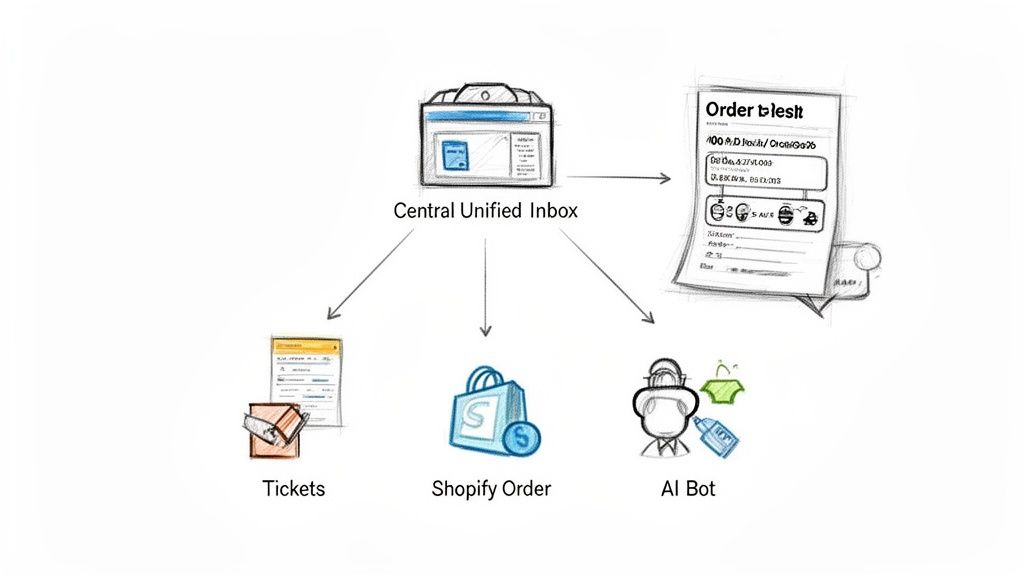 Diagram showing a central unified inbox connecting to tickets, Shopify orders, an AI bot, and order details.