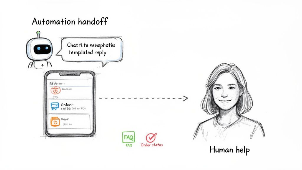 Diagram of automation handoff: chatbot on phone offers templated replies, then transfers to human support.