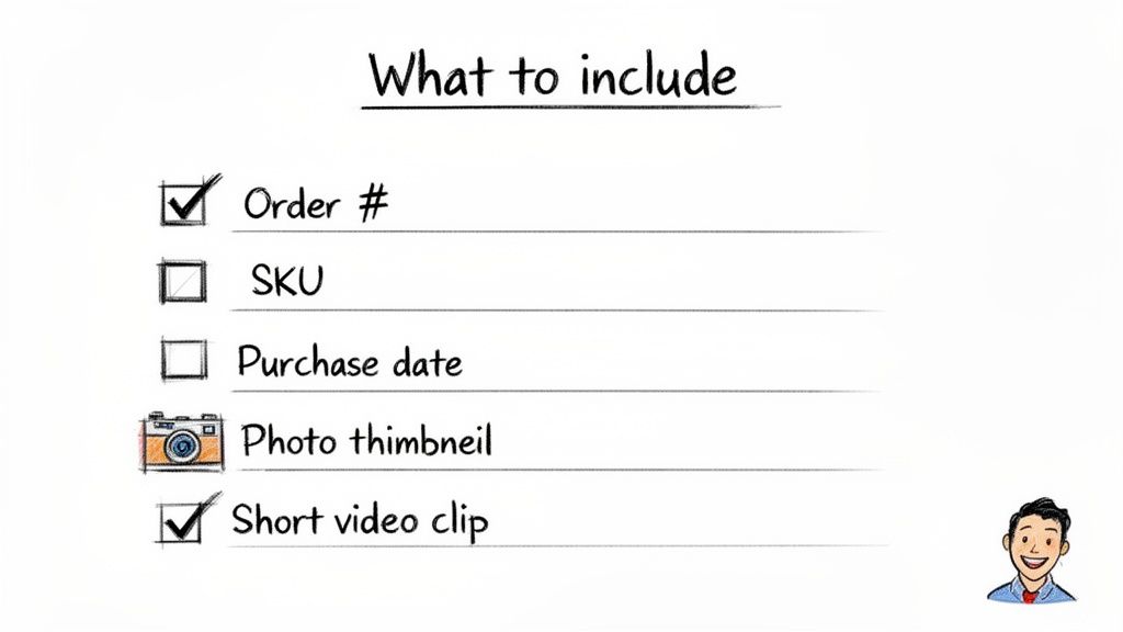 A handwritten checklist titled 'What to include', showing checked Order # and Short video clip, with other items unchecked.