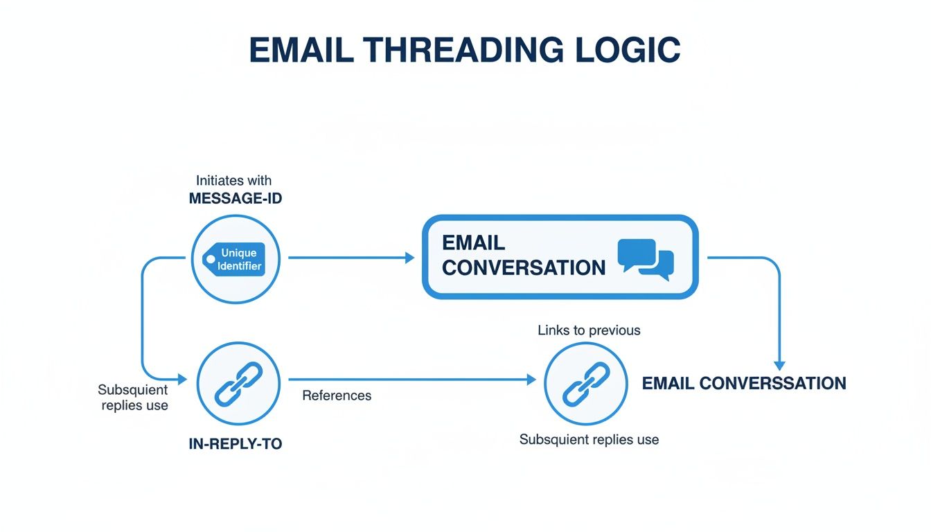 Diagram illustrating email threading mechanism using Message-ID, In-Reply-To, and References to link conversations.