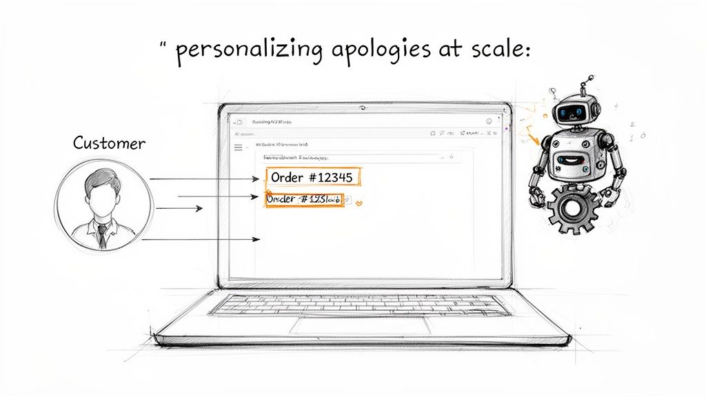 A robot personalizes apology emails with customer order details on a laptop screen.
