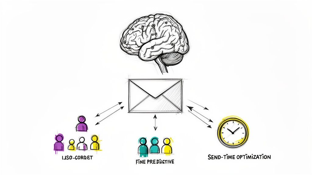 A diagram illustrating a brain connected to an email, showing email intelligence and optimization concepts.