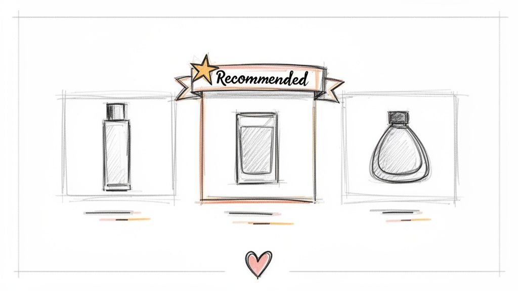 A hand-drawn sketch illustrating three product bottles, with the middle item highlighted as "Recommended" and a star.