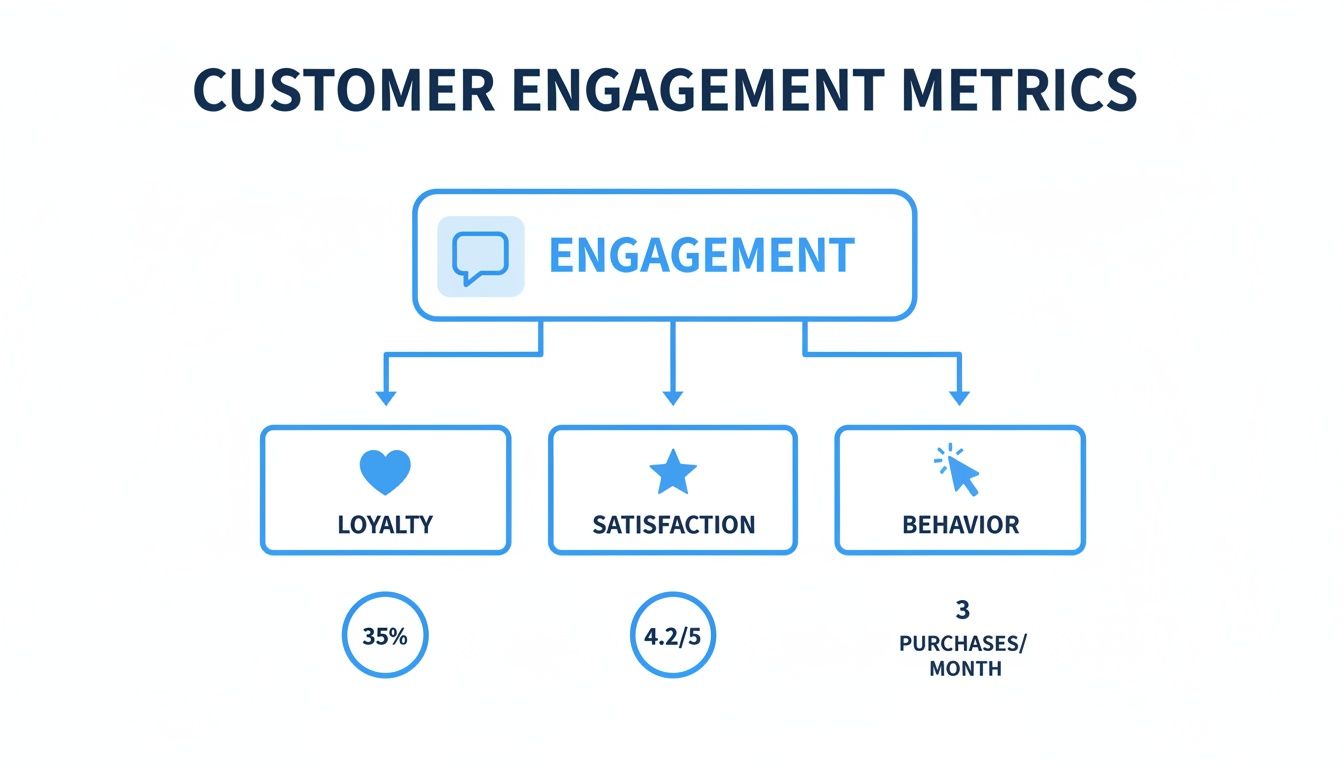 A customer engagement metrics diagram showing engagement broken down into loyalty (35%), satisfaction (4.2/5), and behavior (3 purchases/month).