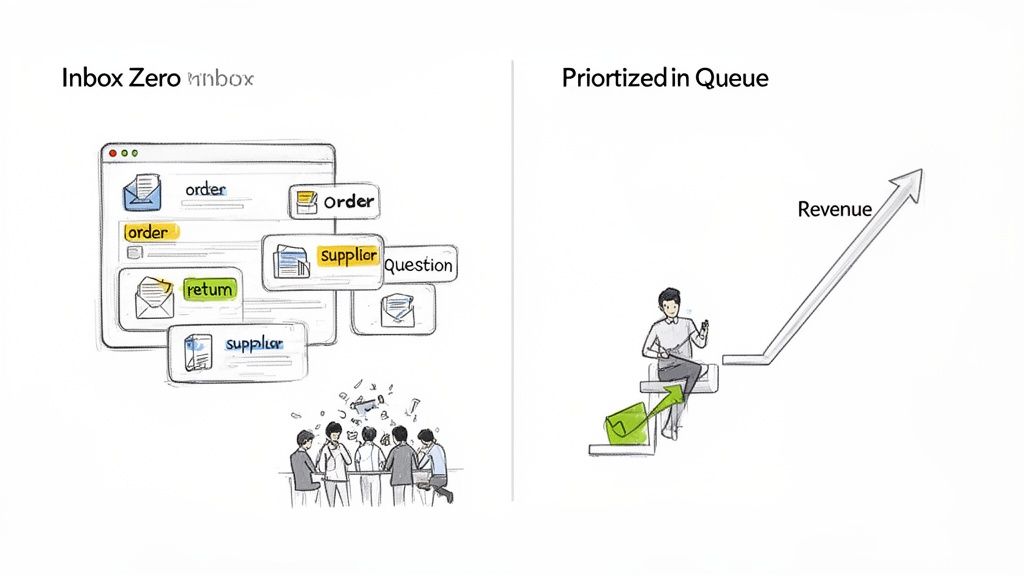 Image comparing a cluttered inbox with organized, prioritized tasks leading to increased revenue.