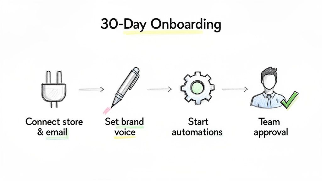 An illustration outlining a 30-day onboarding process with four steps: connect store & email, set brand voice, start automations, and team approval.