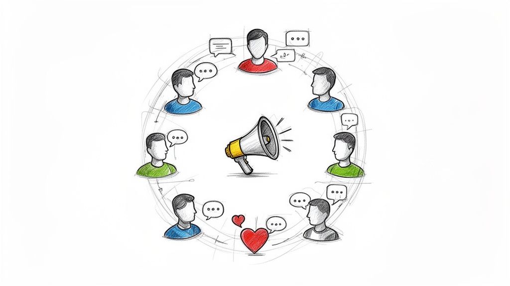 A diverse group of people communicating in a circular network with a megaphone and hearts.