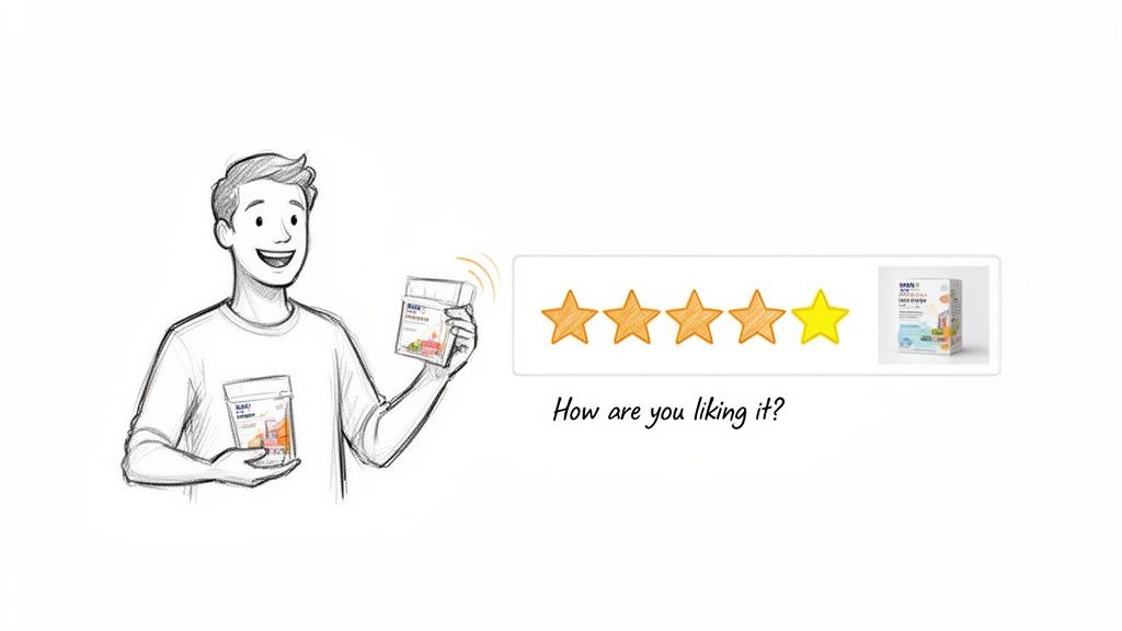 A smiling man holds product packages, giving a four-star review for the item.