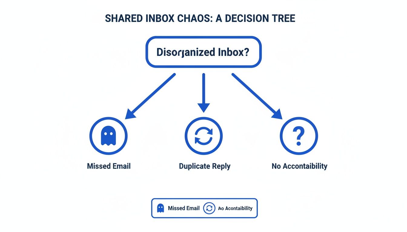 Decision tree showing how a disorganized shared inbox leads to missed emails, duplicate replies, and no accountability.