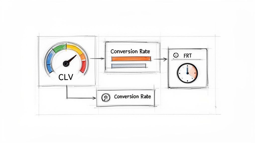 Diagram illustrating customer engagement metrics: CLV, Conversion Rate, and FRT, and their relationships.