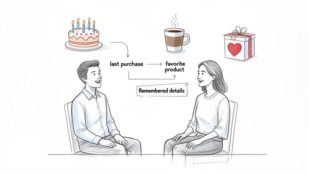 An illustration depicting two people discussing remembered details for personalized customer service, including purchases and preferences.