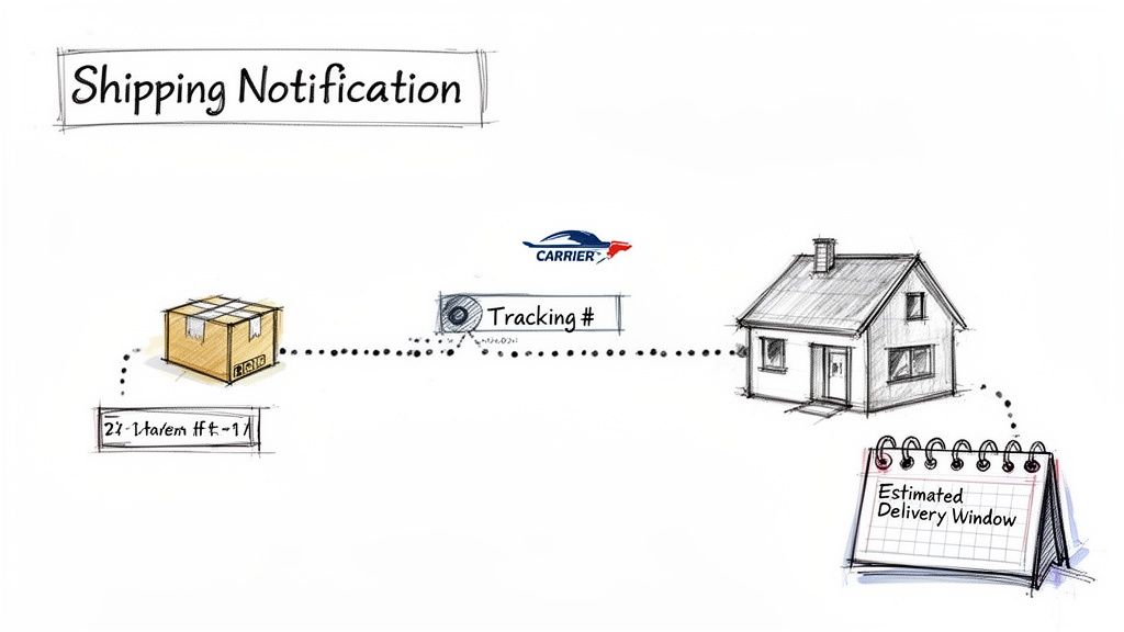 Sketch illustrating a shipping notification process from a package to home delivery with tracking details.