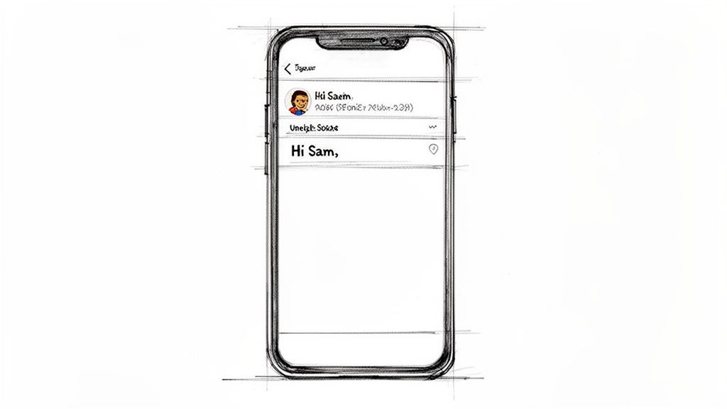 A hand-drawn sketch of a smartphone screen displaying an email draft with "Hi Saem." and "Hi Sam." messages.