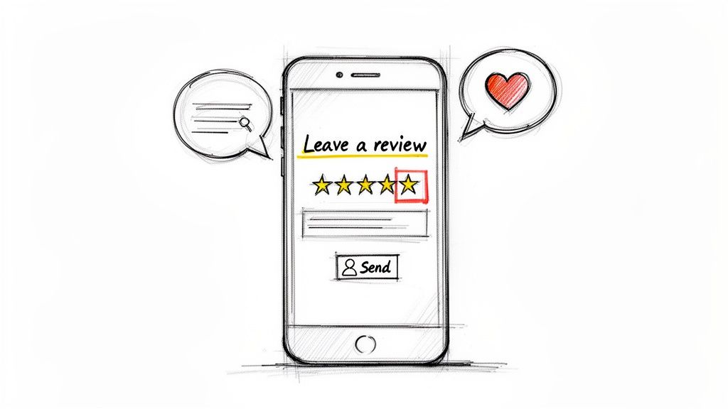Sketch of a smartphone displaying a 'Leave a review' interface with a 4-star rating selected and a red heart.