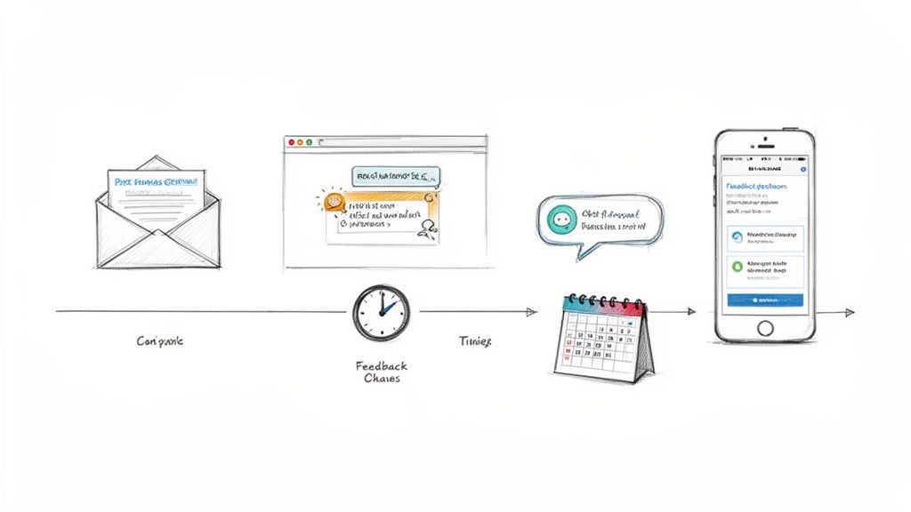 Hand-drawn illustration showing a customer feedback collection process from email to mobile app.