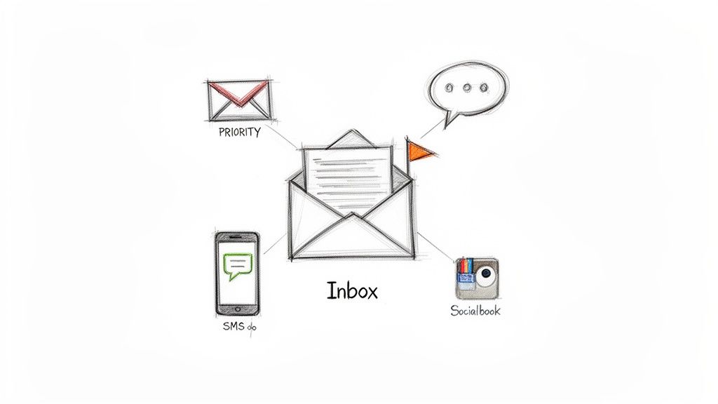 A sketch illustrating an open inbox receiving messages from priority mail, SMS, social media, and chat.