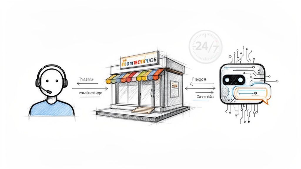 A sketch diagram showing a customer service agent, an e-commerce store, and an AI chatbot for support.