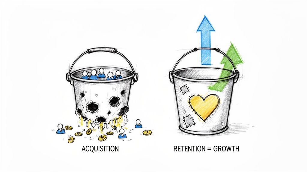 Illustration comparing customer acquisition (leaky bucket) with retention (patched bucket with heart and growth).