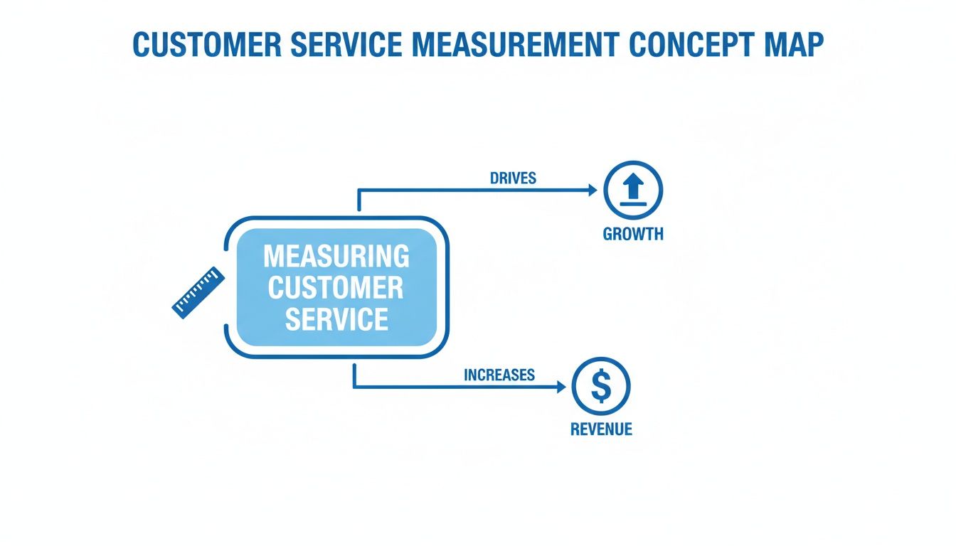 Concept map showing how measuring customer service drives growth and increases revenue.