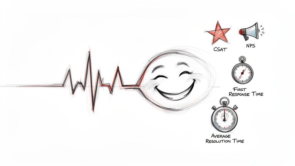 Customer satisfaction metrics and customer service performance indicators are visualized with a heartbeat and smiling face.