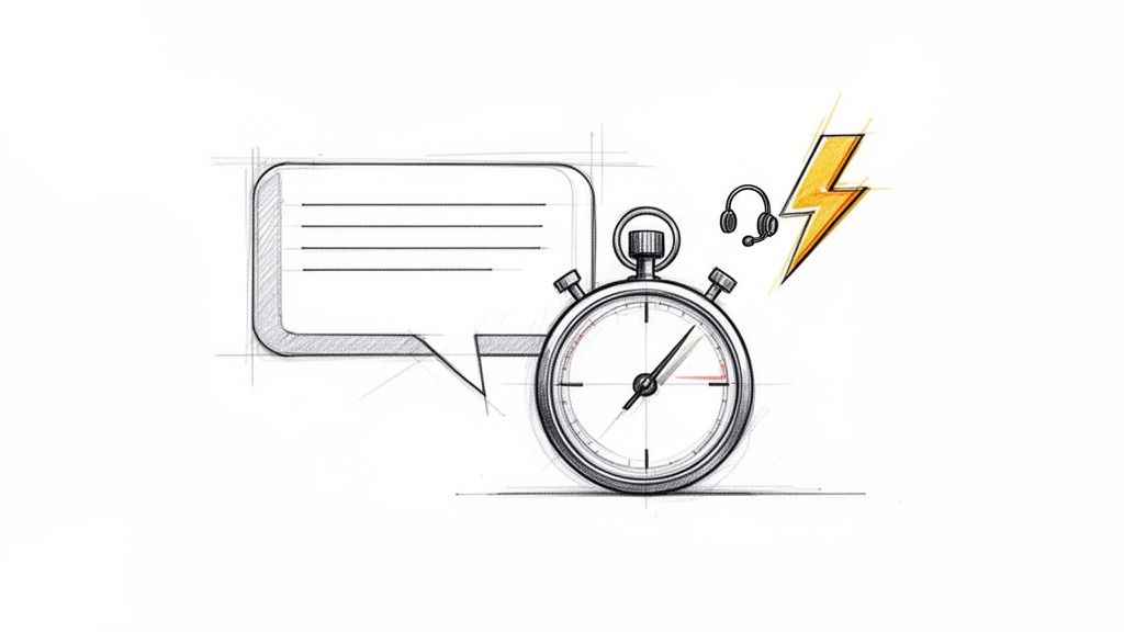 A sketch featuring a speech bubble, stopwatch, headset, and lightning bolt, symbolizing quick support and efficient communication.