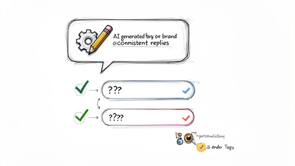 A sketch illustrating AI-generated consistent replies and customer personalization with order tags.