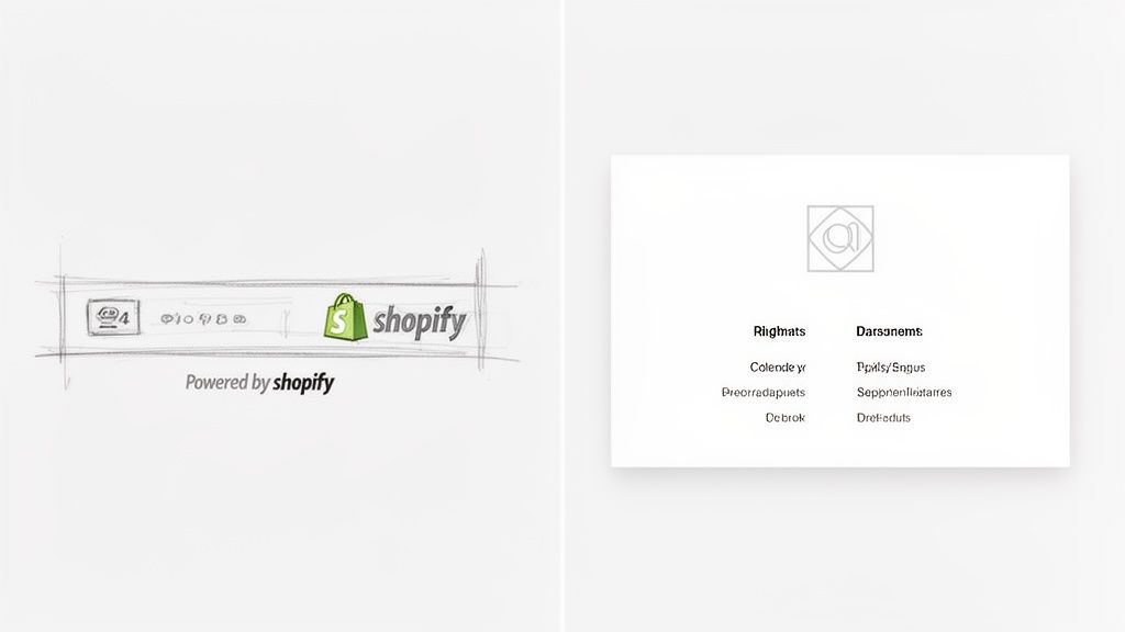 A 'Powered by Shopify' logo alongside a white card with placeholder text and a generic logo.