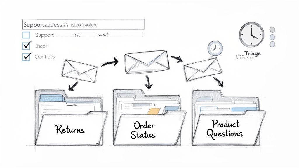 A diagram showing customer service emails being sorted into 'Returns', 'Order Status', and 'Product Questions' folders, with a 'Triage' process.