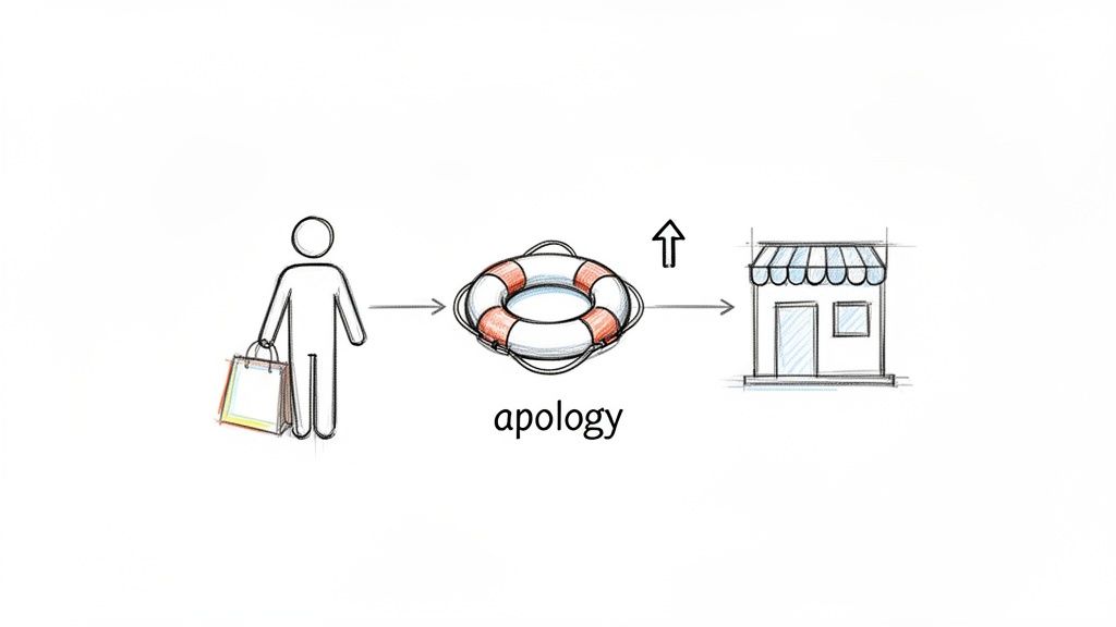 A diagram illustrates a customer with shopping bags, an apology lifebuoy, and a store, connected by arrows.