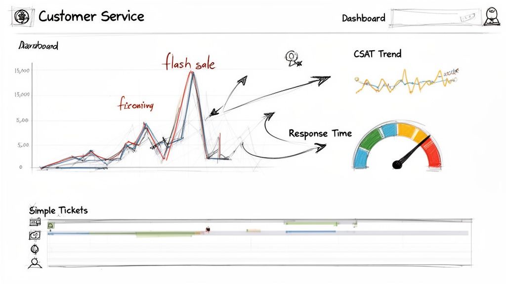A customer service dashboard with charts showing flash sale impact, CSAT trend, response time, and simple tickets.