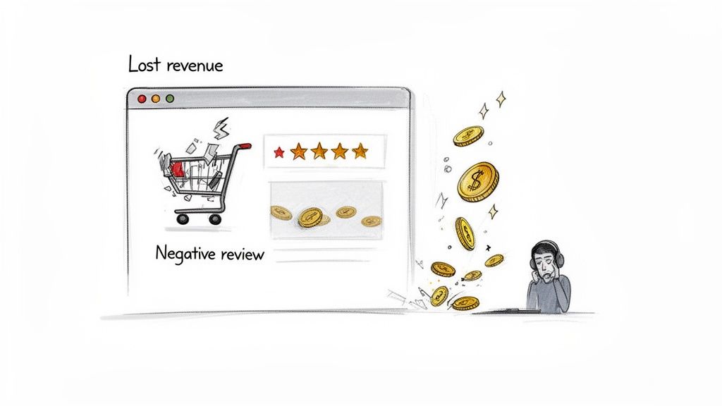 An illustration showing a negative online review (1-star) leading to lost revenue, represented by coins falling from a distressed person.